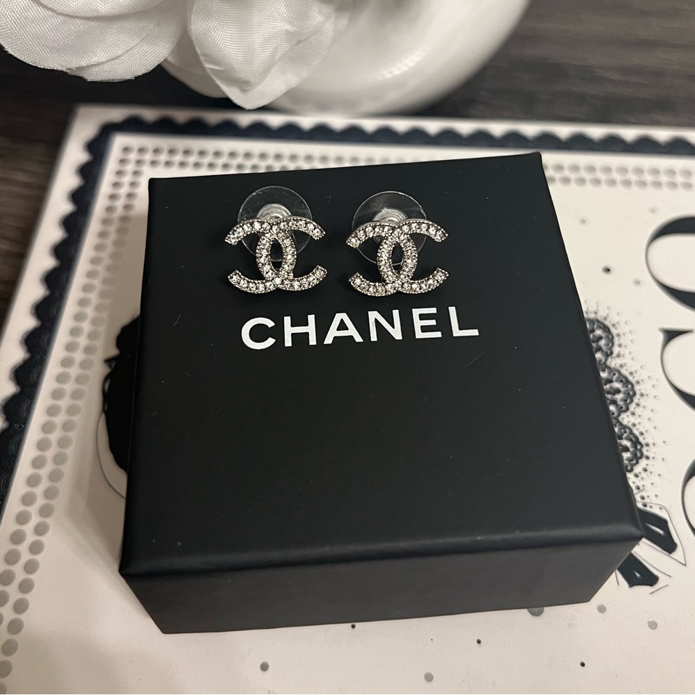 CHANEL Silver Crystal CC Stud Earrings